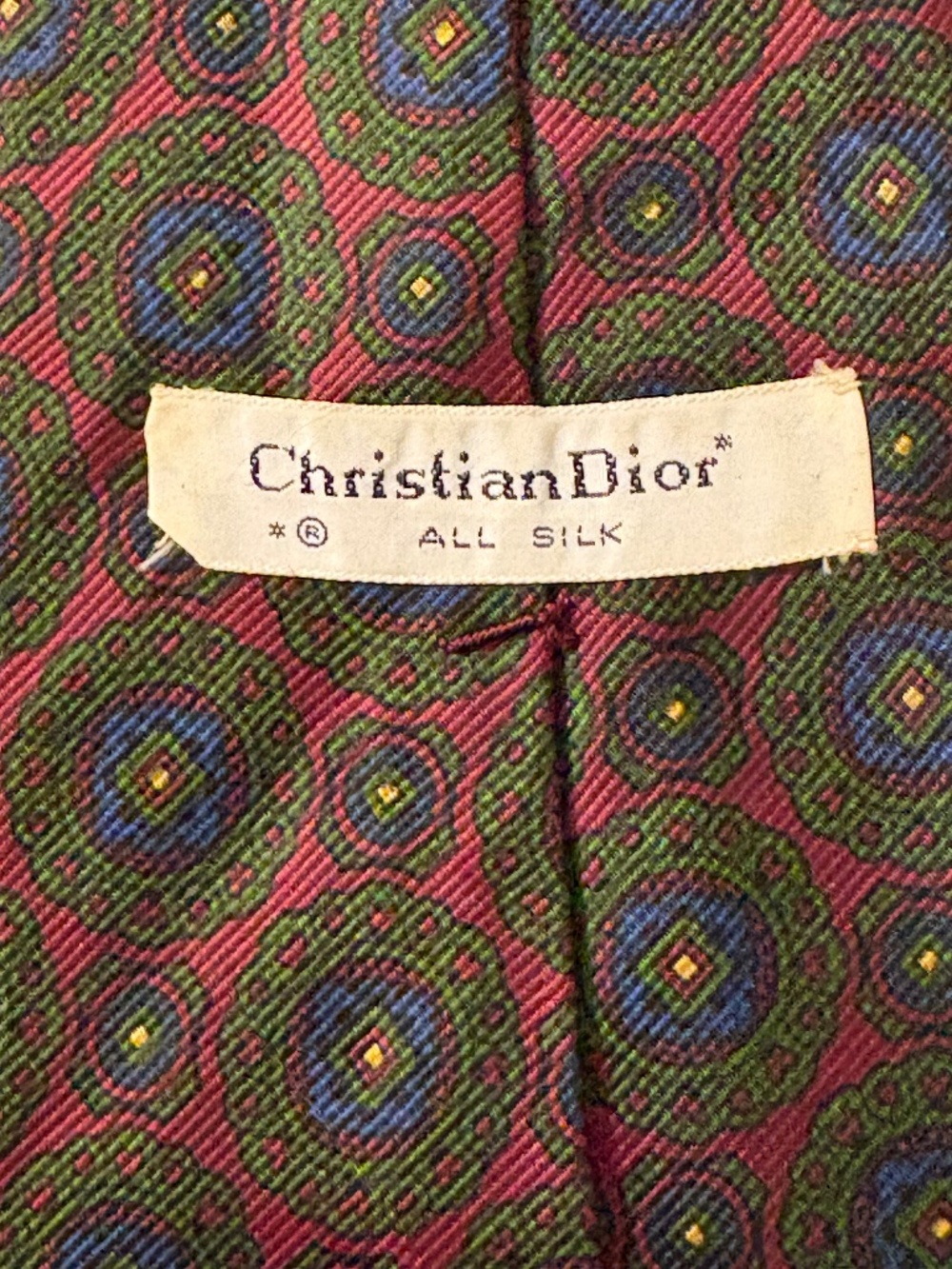Christian Dior Vintage Silk Tie Medallion Geometric Burgundy Green 3.75" Wide